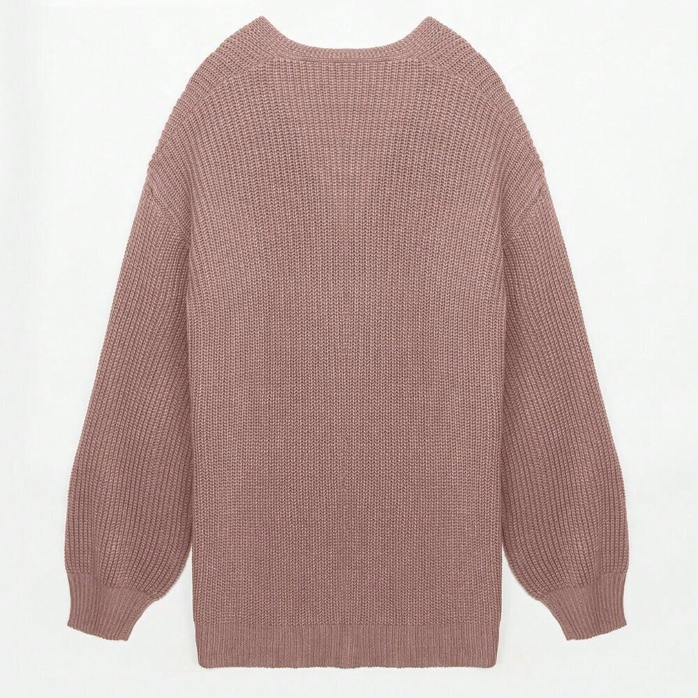 Pink Casual Women's Solid Color Lantern Sleeve Cardigan - Picture 5 of 8